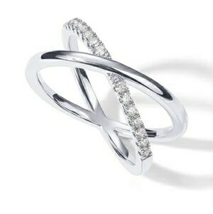 14K White Gold Plated X Simulated Pavé Diamond CZ Criss Cross Ring